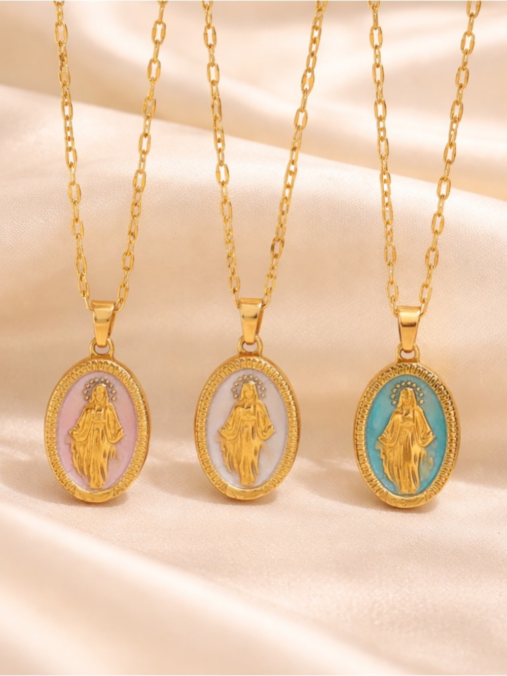 3 Set Gold Virgin Mary Pendant Necklace - Pink, White& Turquoise